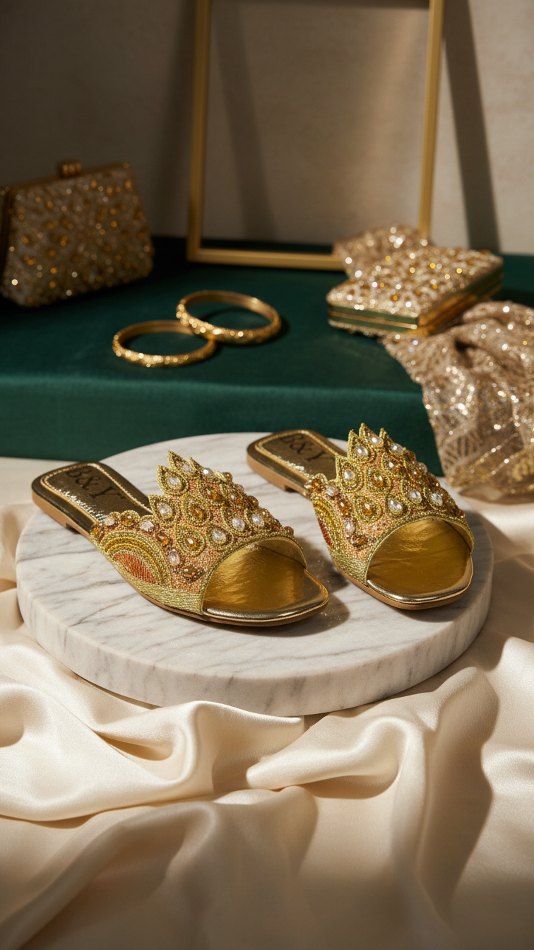 The image showcases a pair of ornate gold sandals placed on a marble pedestal, surrounded by various pieces of jewelry and accessories.