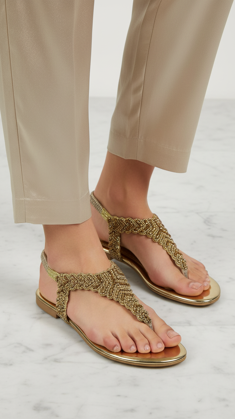 A pair of gold-colored strappy sandals with a braided design on the toe area.