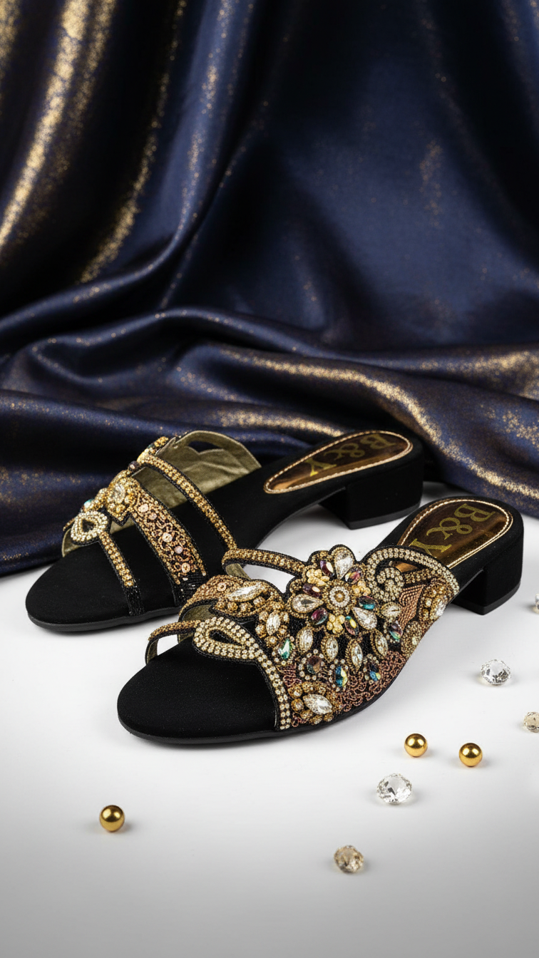 A pair of black, embellished sandals with gold and crystal embellishments, placed on a white surface with scattered gold and crystal stones around them.