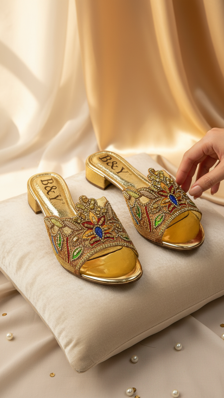 A pair of gold, embellished sandals with intricate designs, placed on a white pillow.