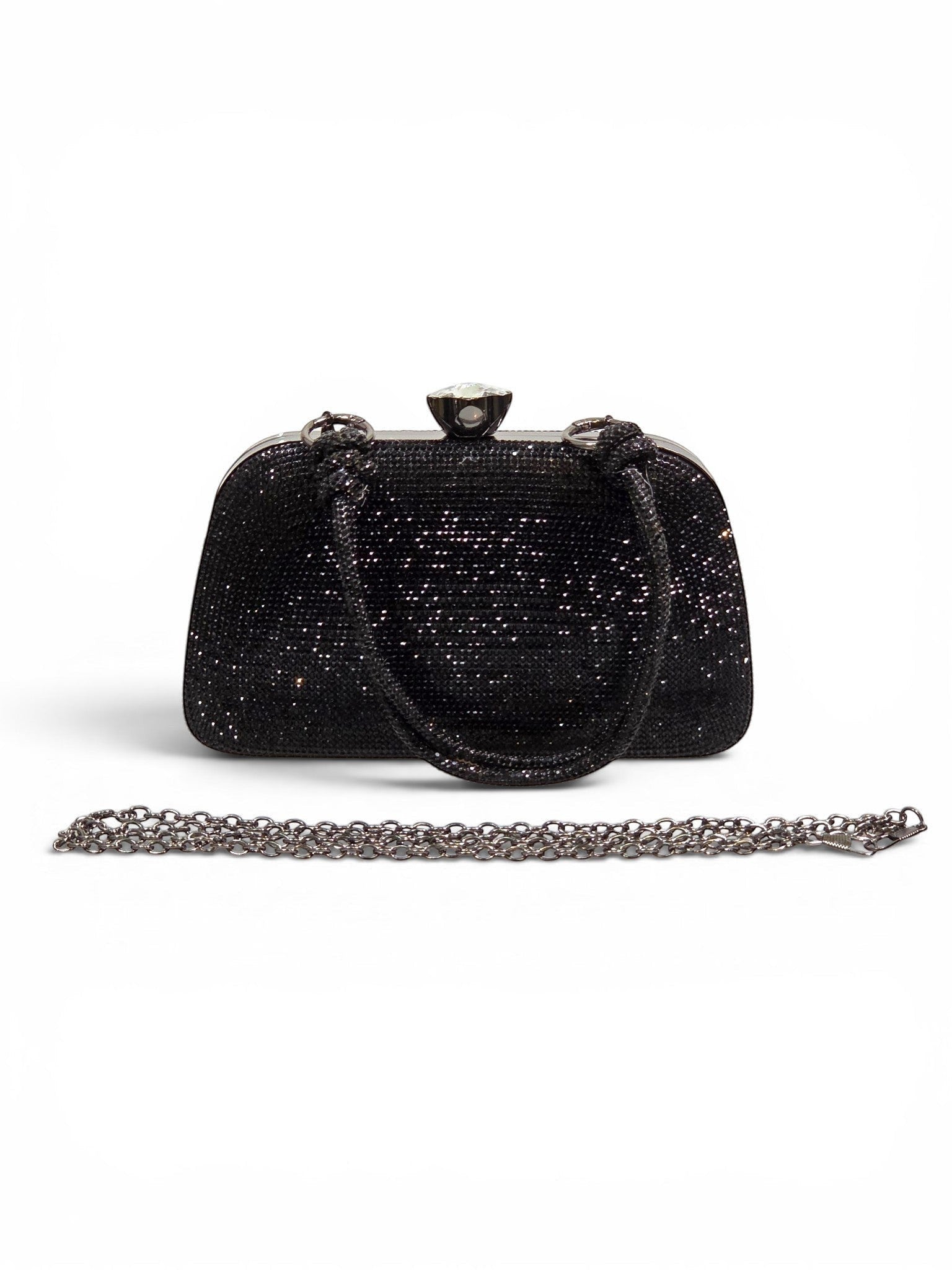 Bolsa clutch B&Y Calçados preta com glitter, alça de mão e detalhe de cristal no fecho para festas e eventos.