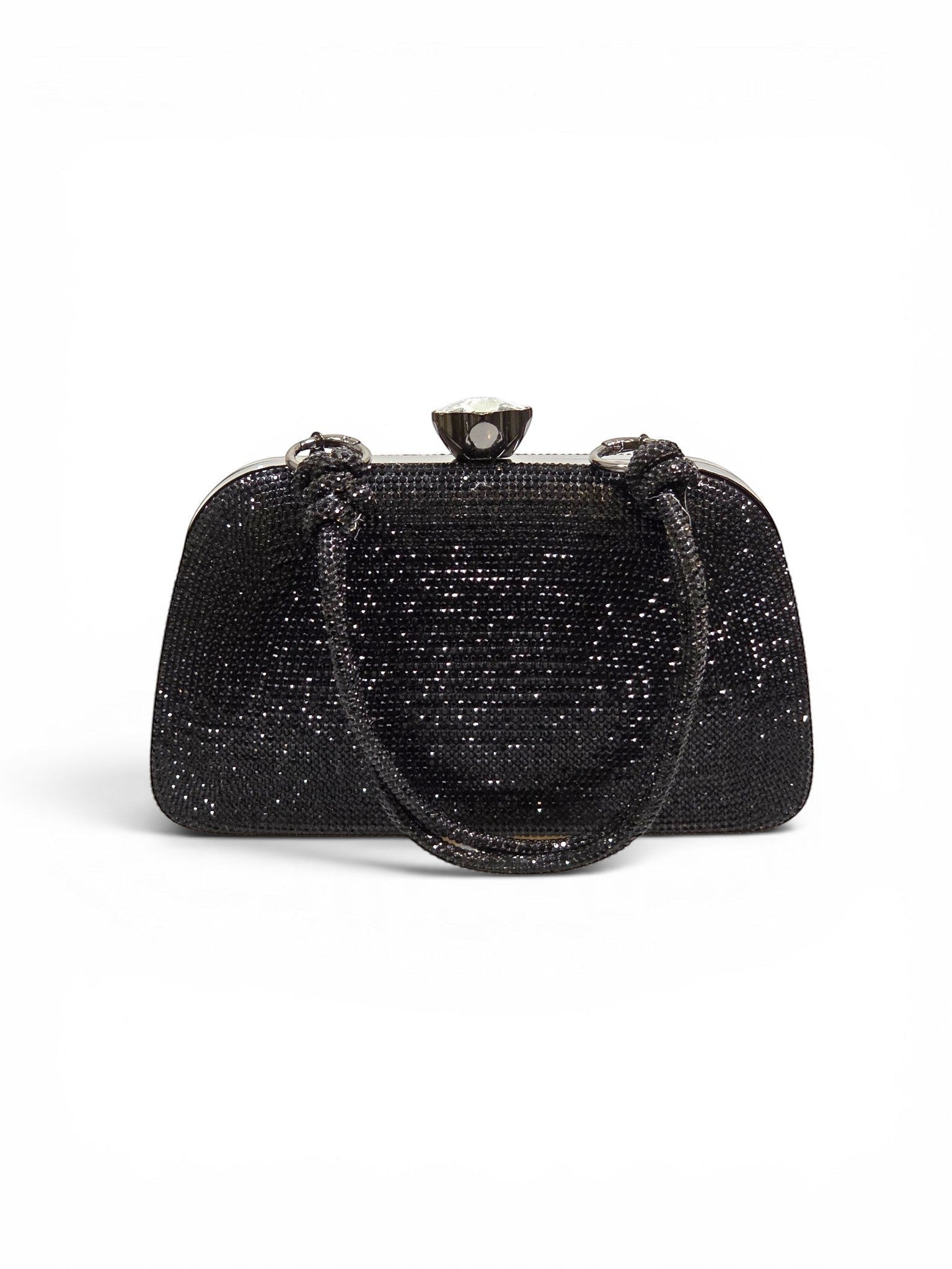 Bolsa clutch B&Y Calçados preta com glitter, design estruturado, alça de mão e fecho decorado com cristal brilhante.