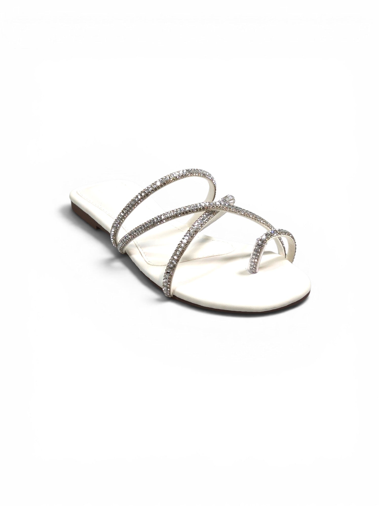 Tamanco feminino B&Y Calçados branco sem salto com tiras finas decoradas com cristais brilhantes