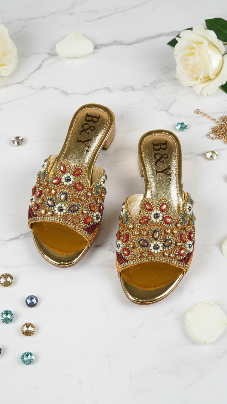 A pair of gold-colored, embellished sandals with colorful floral designs, placed on a marble surface alongside various jewelry items such as gemstones and a white rose.