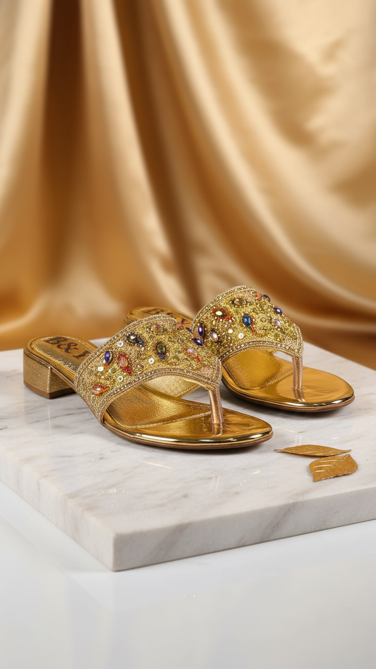 A pair of gold, embellished sandals with rhinestones and jewels are displayed on a white marble surface against a gold background.