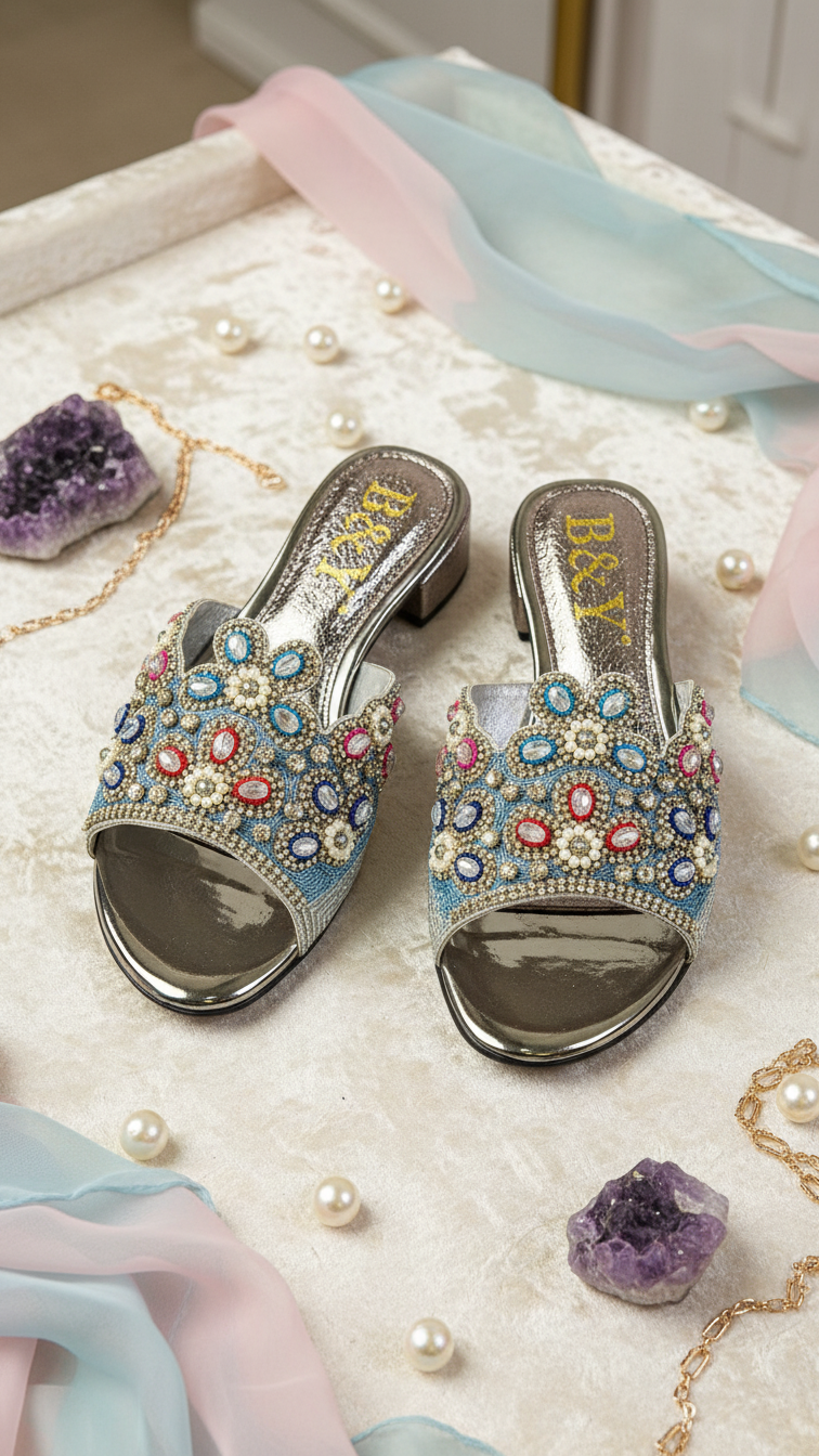 A pair of ornately decorated silver sandals with colorful gemstone embellishments, placed on a white surface with scattered pearls and a pink and blue fabric.