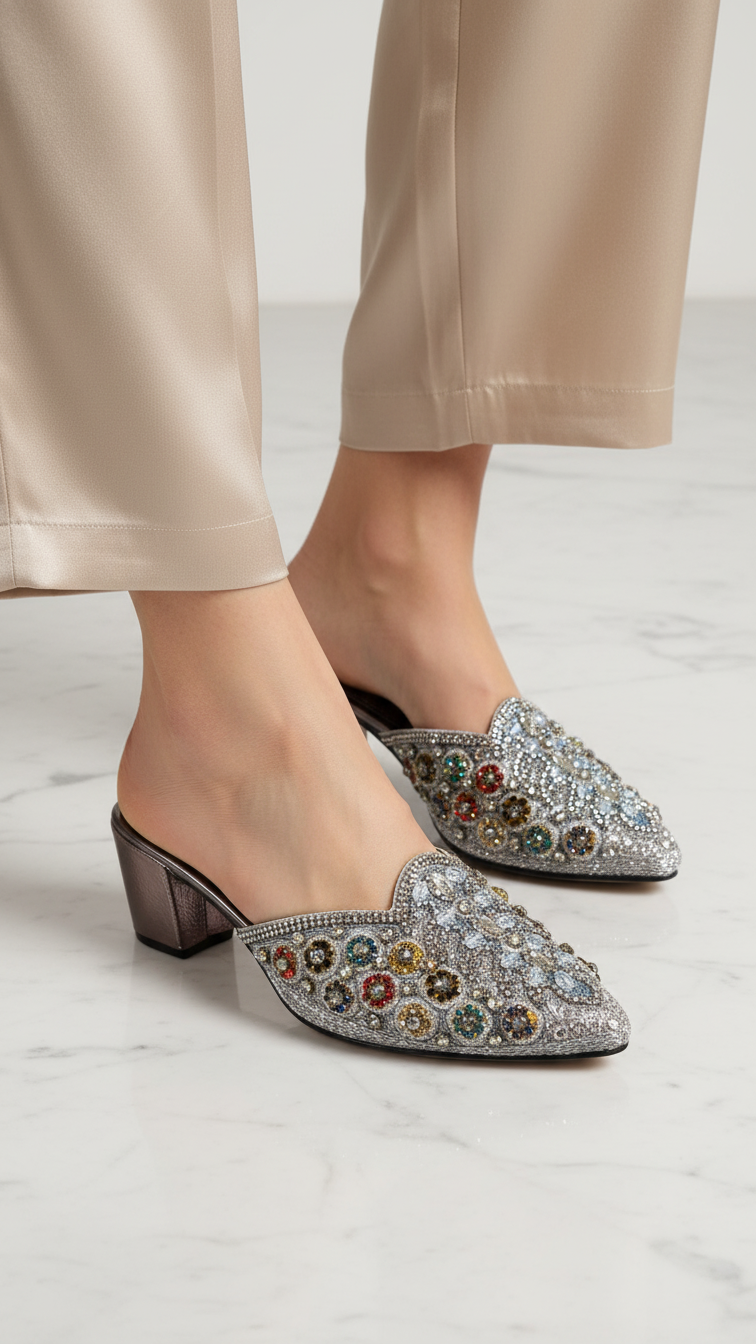 A pair of beige pants with silver embellished mens shoes on a white marble floor.