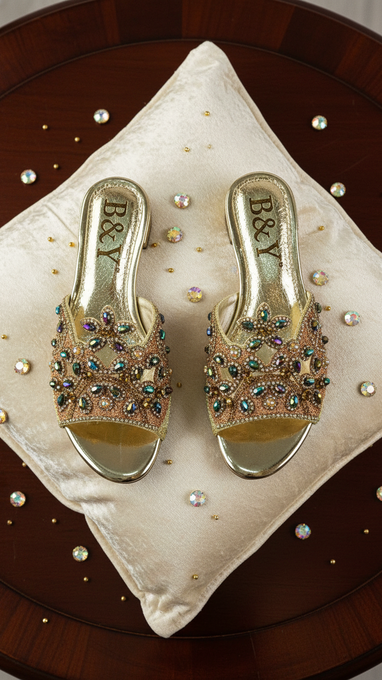 A pair of gold and beige high-heeled sandals with intricate beaded embellishments, placed on a white pillow with scattered rhinestones.