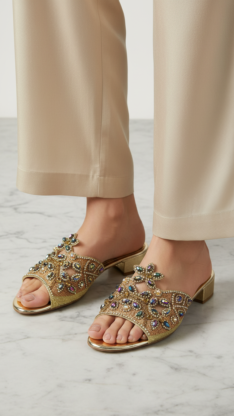 A pair of gold sandals with intricate beaded designs on the toe and heel.