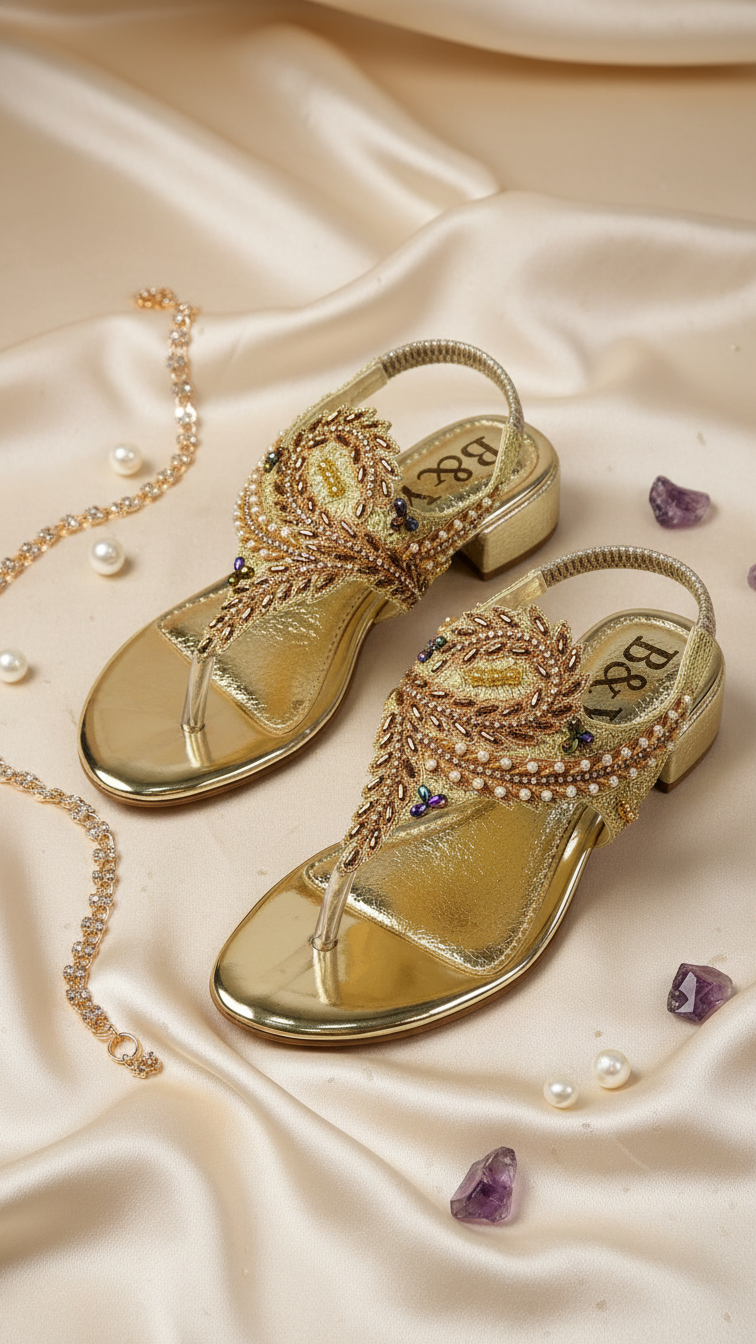 A pair of gold sandals with intricate beaded and pearl embellishments, placed on a white fabric surface with scattered pearls and gemstones.