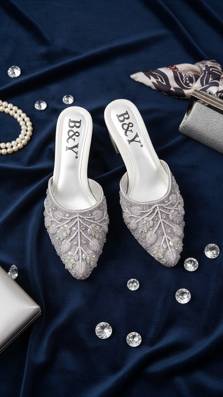 A pair of silver, embellished heeled shoes with the initials "B&Y" on them, placed on a dark blue fabric surface. Surrounding the shoes are various accessories, including pearls, a wallet, and a scarf, all arranged in a visually appealing manner.
