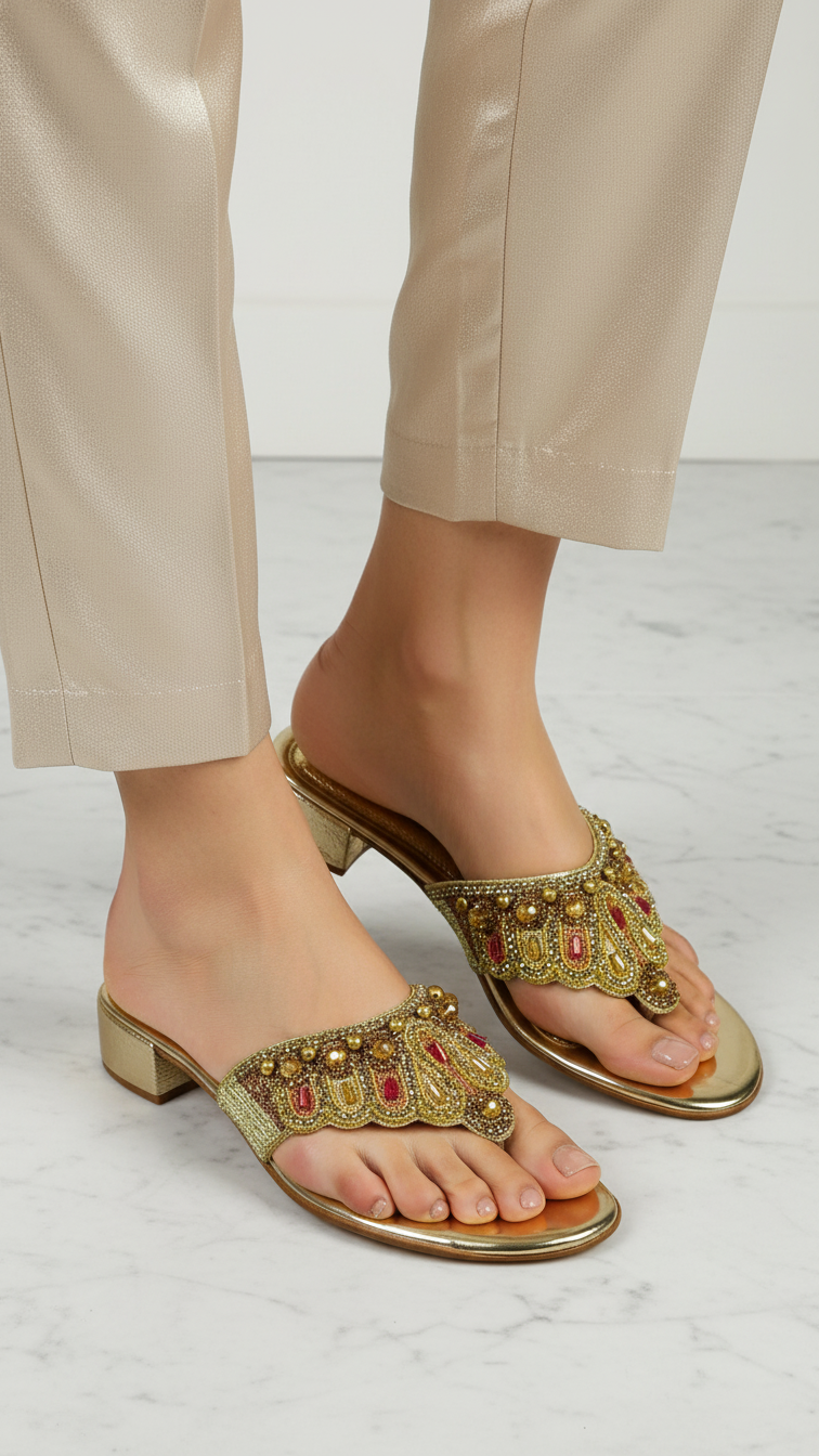 A pair of gold sandals with embellishments on the toe and heel.