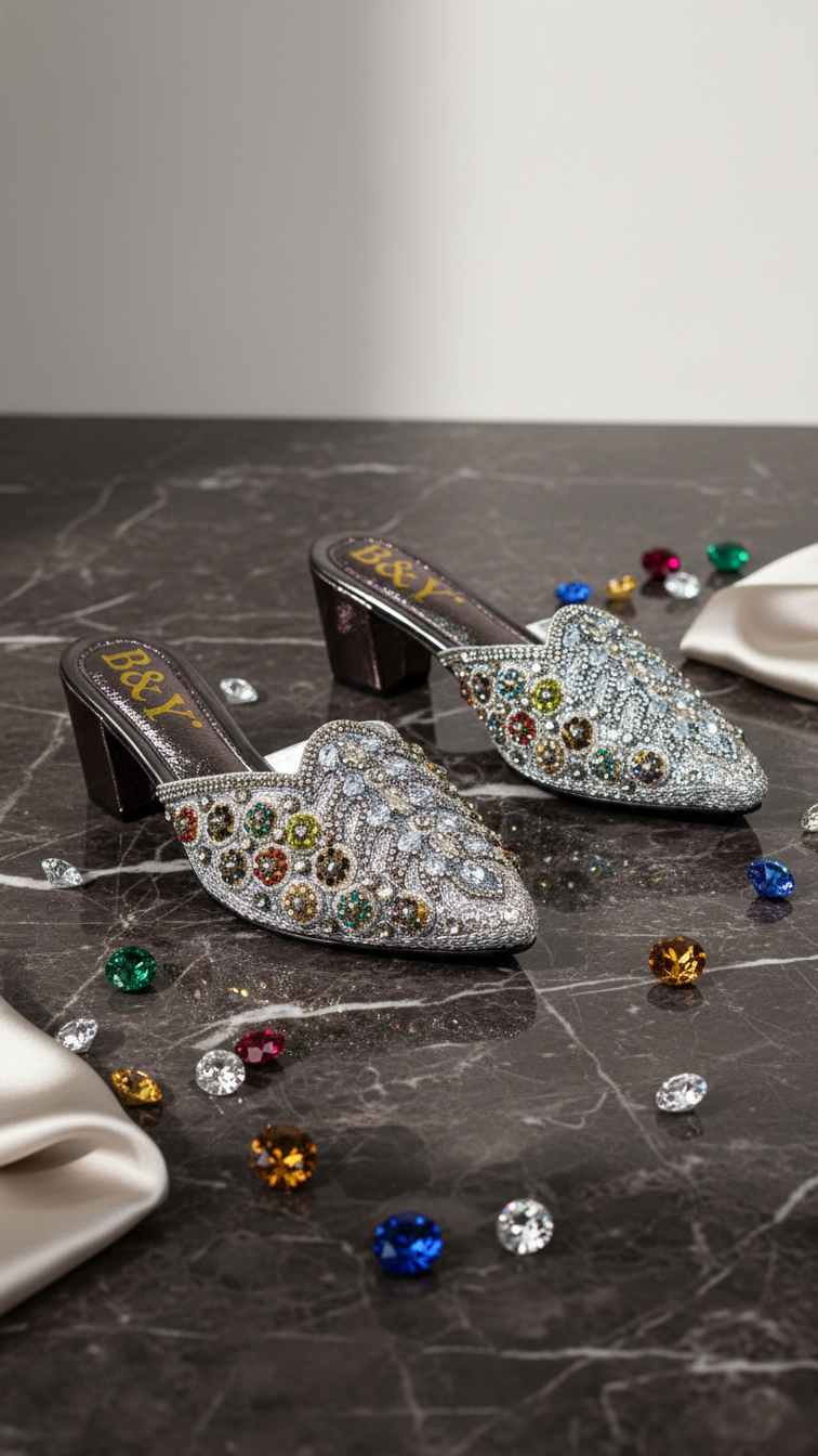 A pair of ornate, silver-colored high-heeled shoes with intricate beading and gemstone embellishments, placed on a marble surface alongside various colorful gemstones.