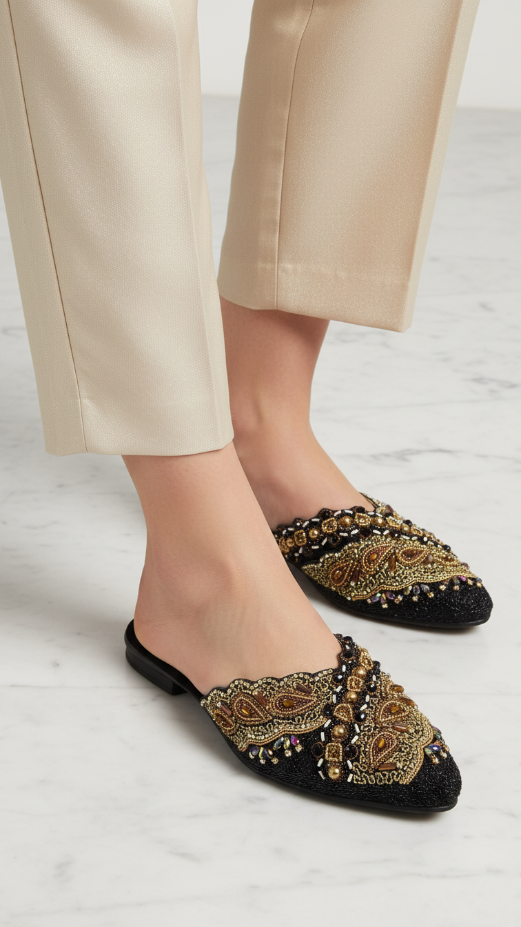 A pair of black and gold embellished flat shoes with intricate designs on the toe and heel.