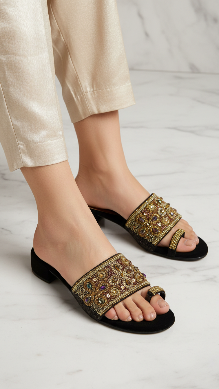 A pair of black sandals with gold embellishments, worn by a person standing on a marble floor.