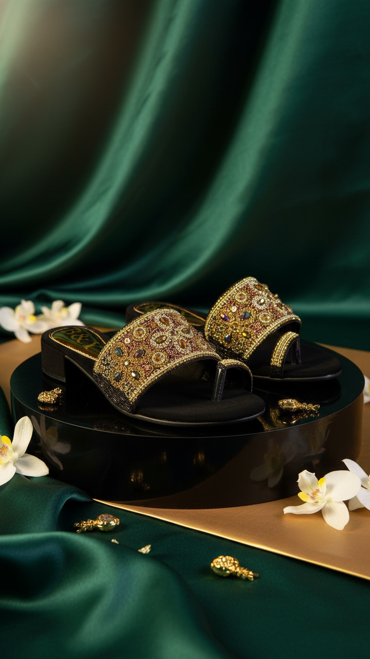 A pair of ornate, gold-embroidered sandals sits on a black pedestal, surrounded by white flowers and gold accents, creating an elegant and luxurious display.