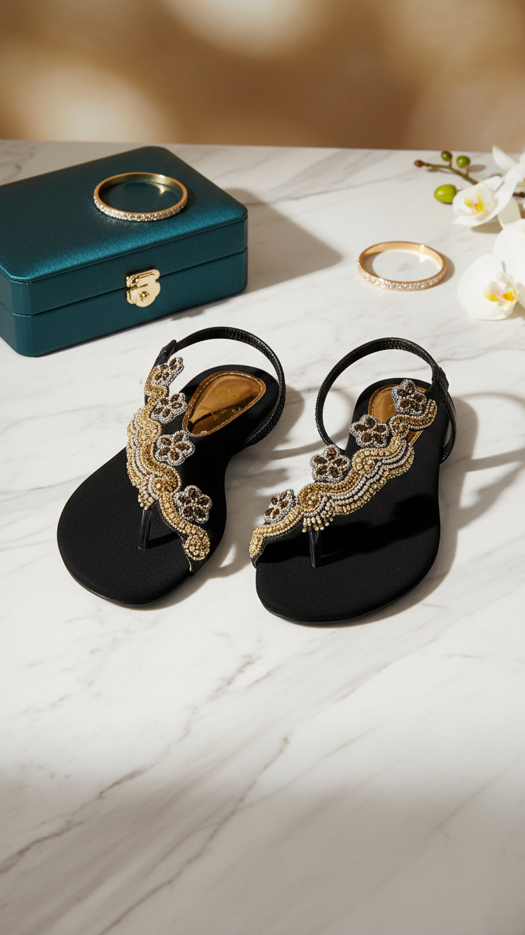 a pair of black, embellished sandals with gold floral designs, placed on a marble surface alongside a green jewelry box and some white flowers.