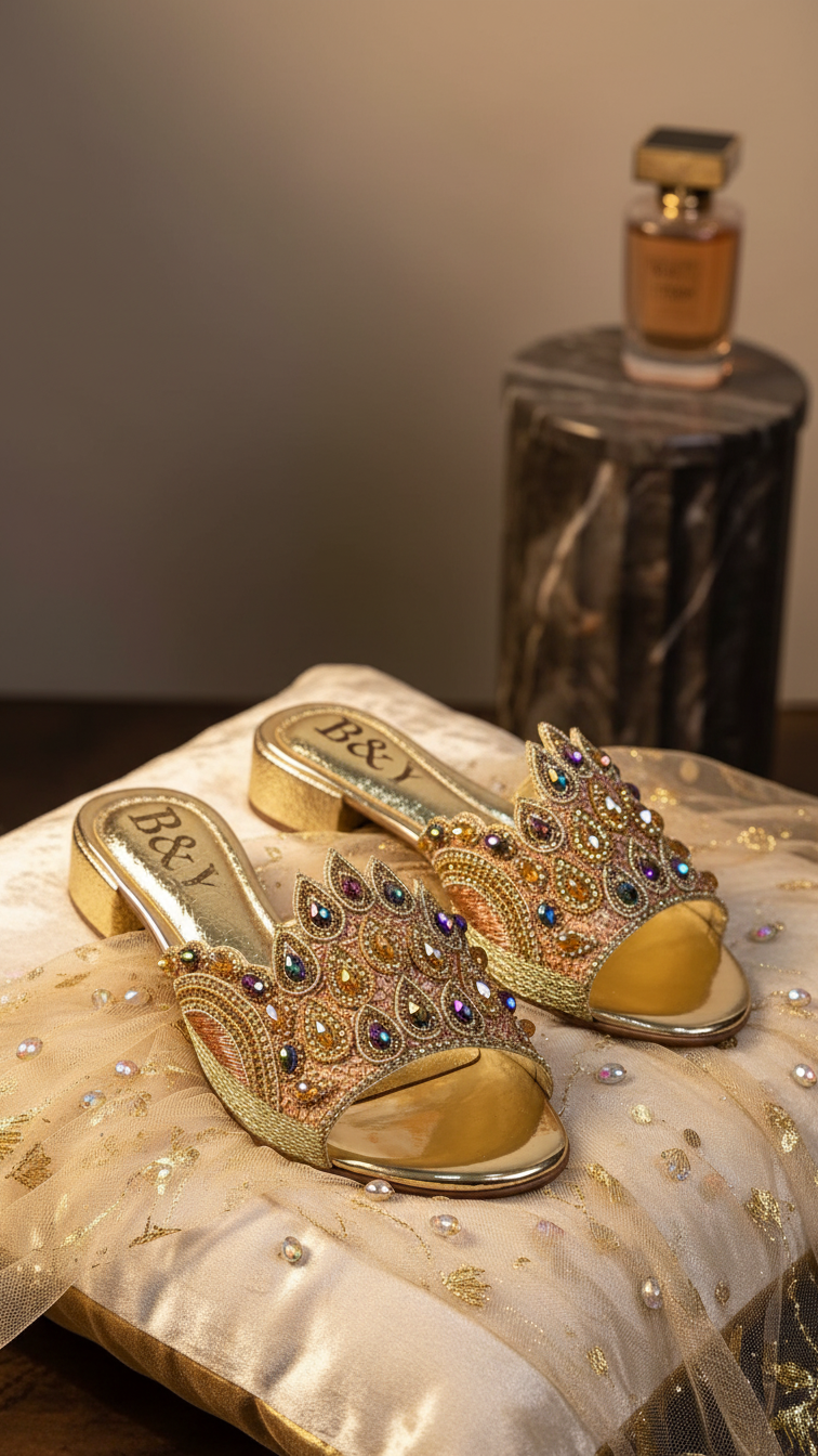 A pair of gold, embellished sandals with rhinestones and a gold heel, placed on a white pillow with gold trim. In the background, there is a bottle of perfume.