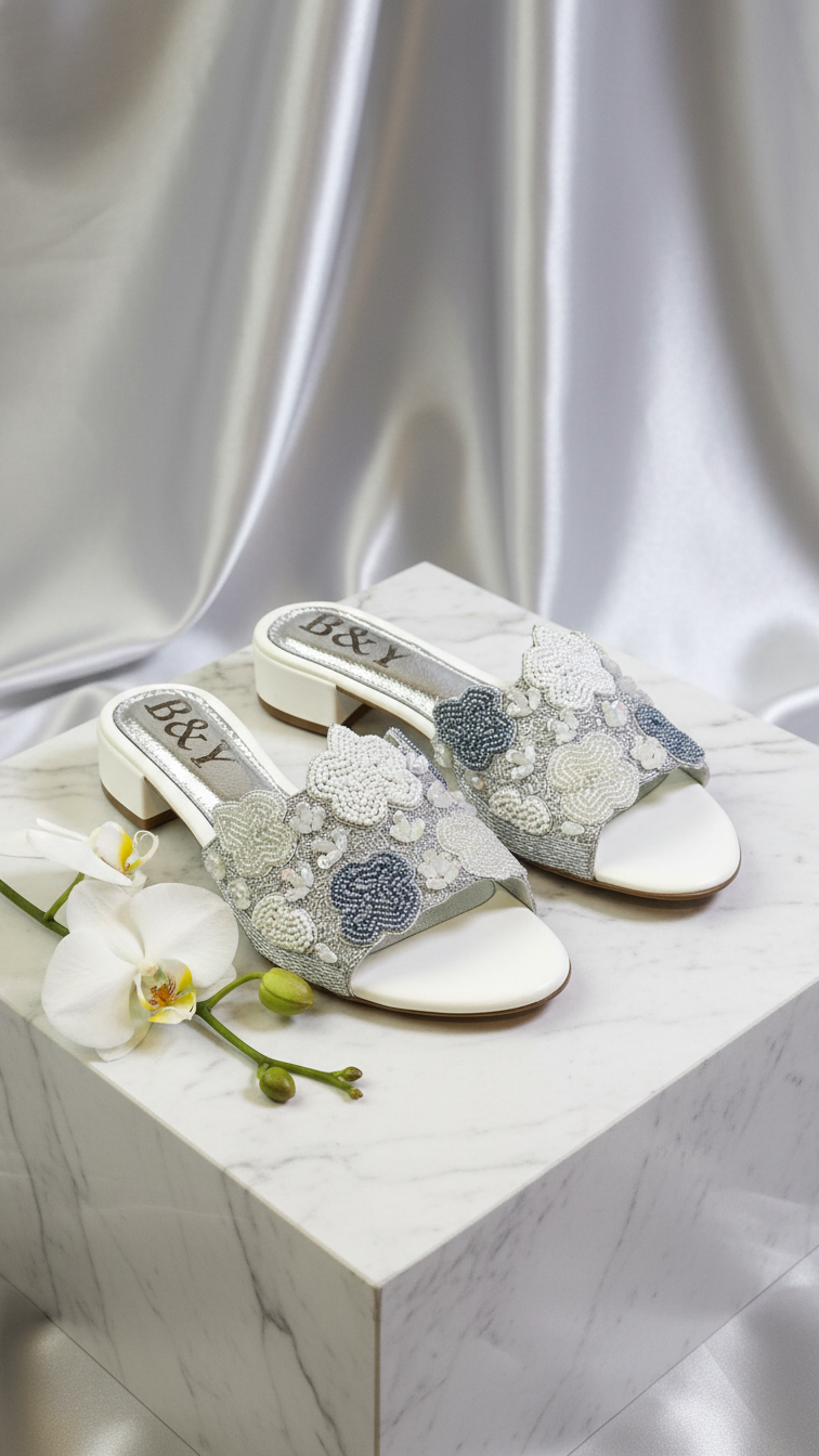 A pair of white sandals with floral embellishments, placed on a white marble surface, with a single white orchid flower resting on the sandals.