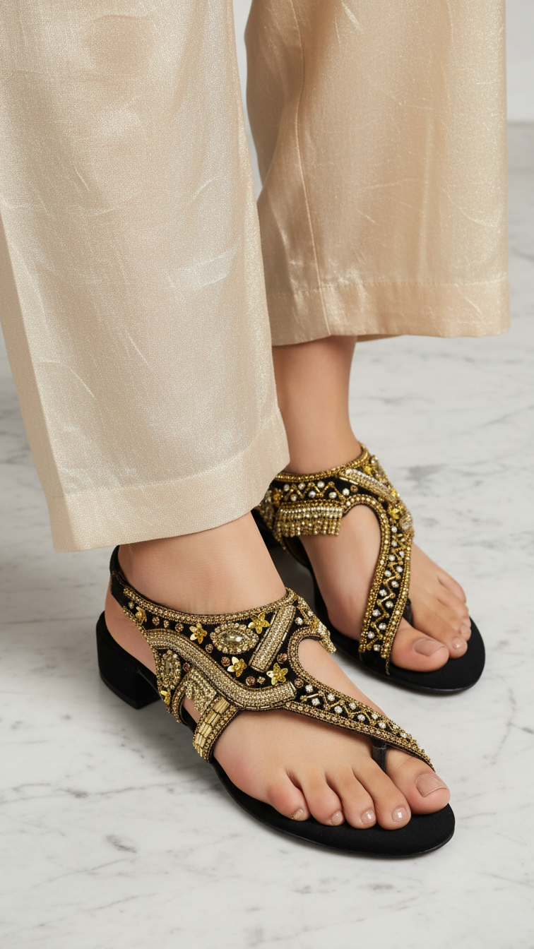A pair of black and gold embellished sandals with intricate designs.