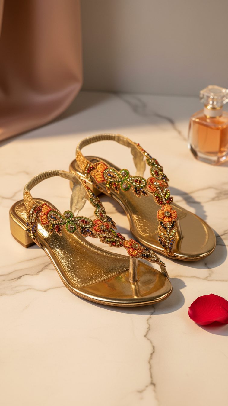 A pair of gold, embellished sandals with intricate floral designs are displayed on a marble surface, accompanied by a bottle of perfume and a single red rose petal.
