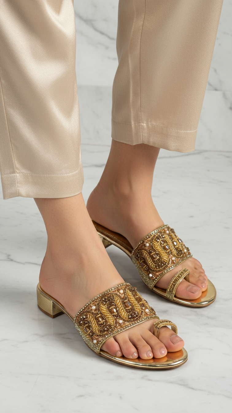 A pair of gold sandals with intricate beaded designs on the toe and heel.