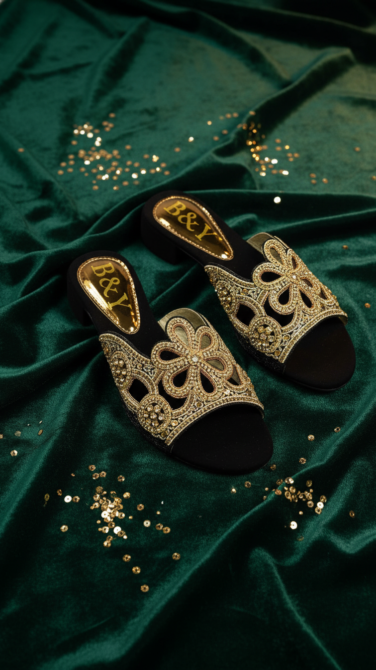 A pair of ornate, gold-colored sandals with intricate floral designs are displayed on a green velvet background, surrounded by scattered gold sequins.