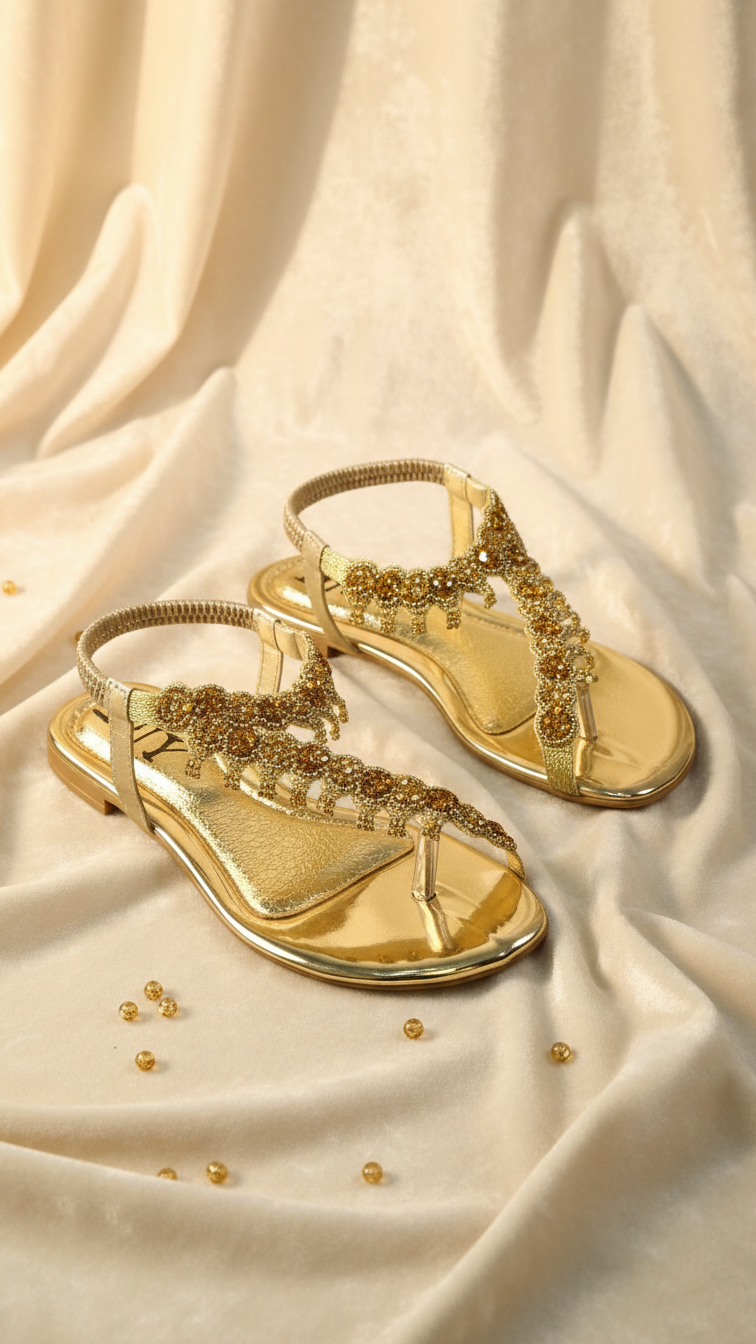 A pair of gold sandals with intricate beaded embellishments are displayed on a white fabric background.