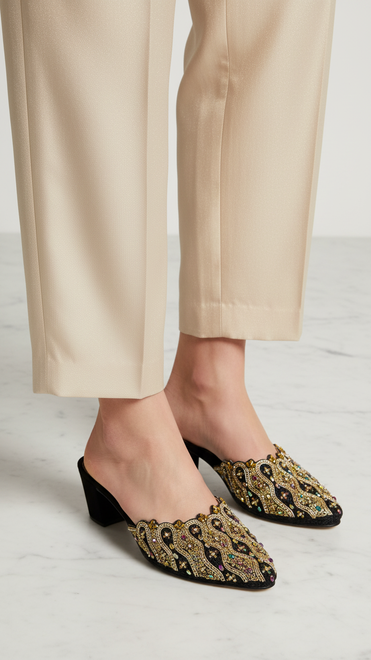 A pair of beige pants and black and gold embellished mules are shown in the image.