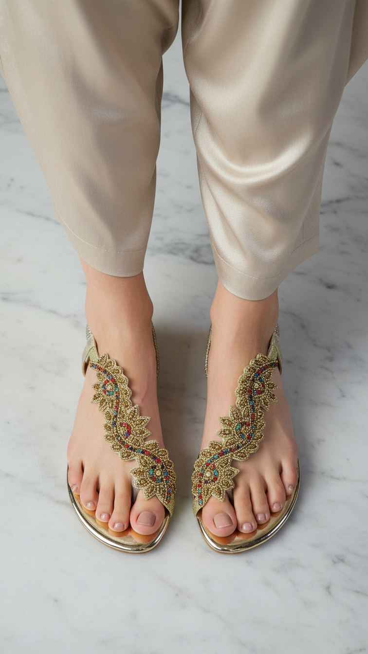 A pair of gold sandals with intricate floral designs on the toe straps.