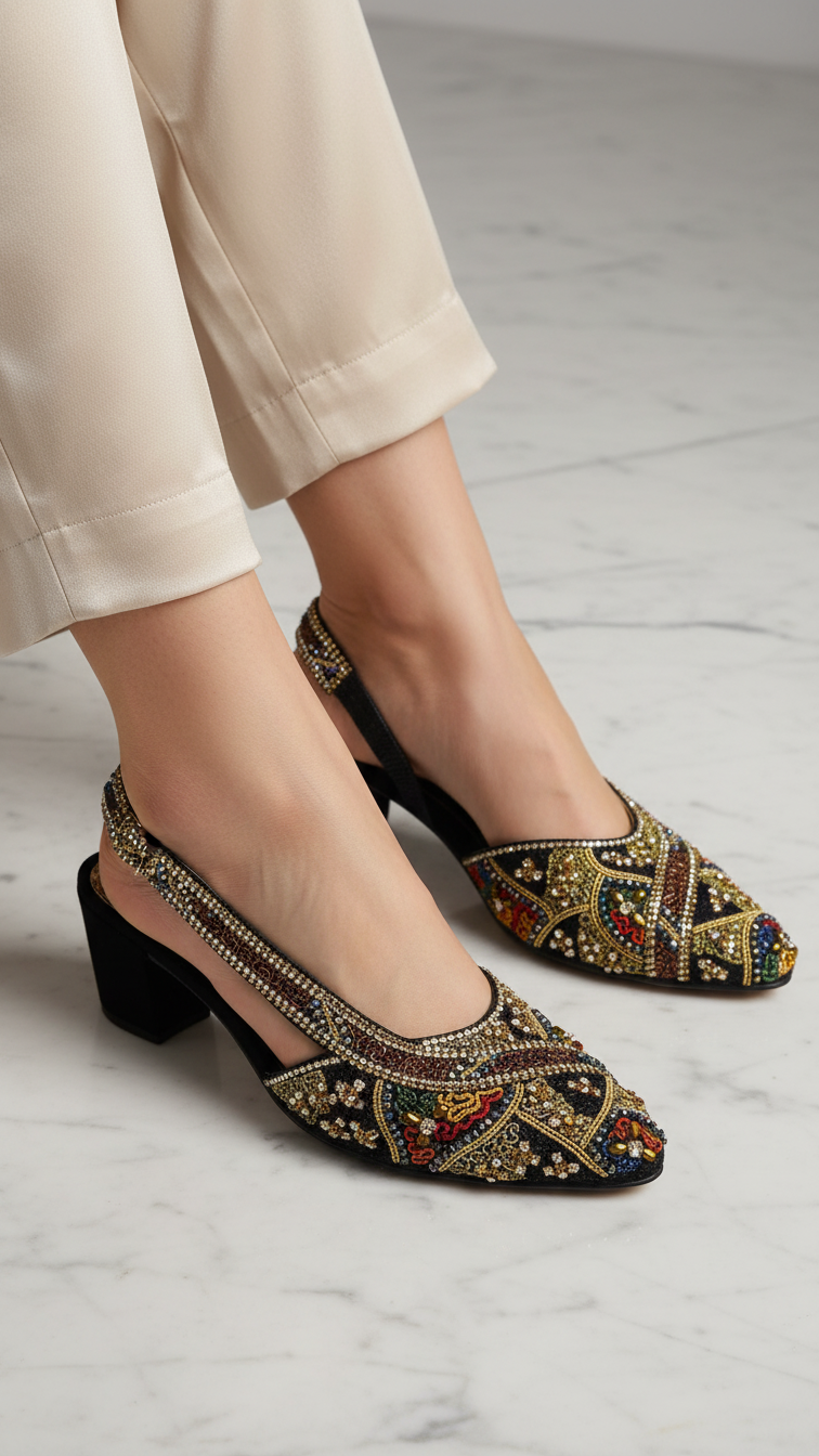 A pair of ornate, beige-colored high-heeled shoes with intricate, colorful designs and embellishments.