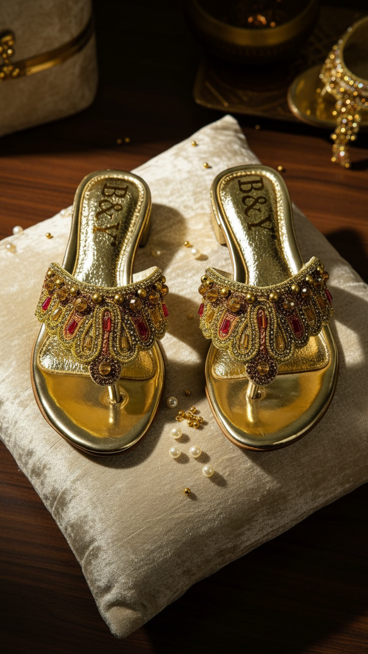A pair of gold, embellished sandals with intricate designs and rhinestones are displayed on a white cushion.