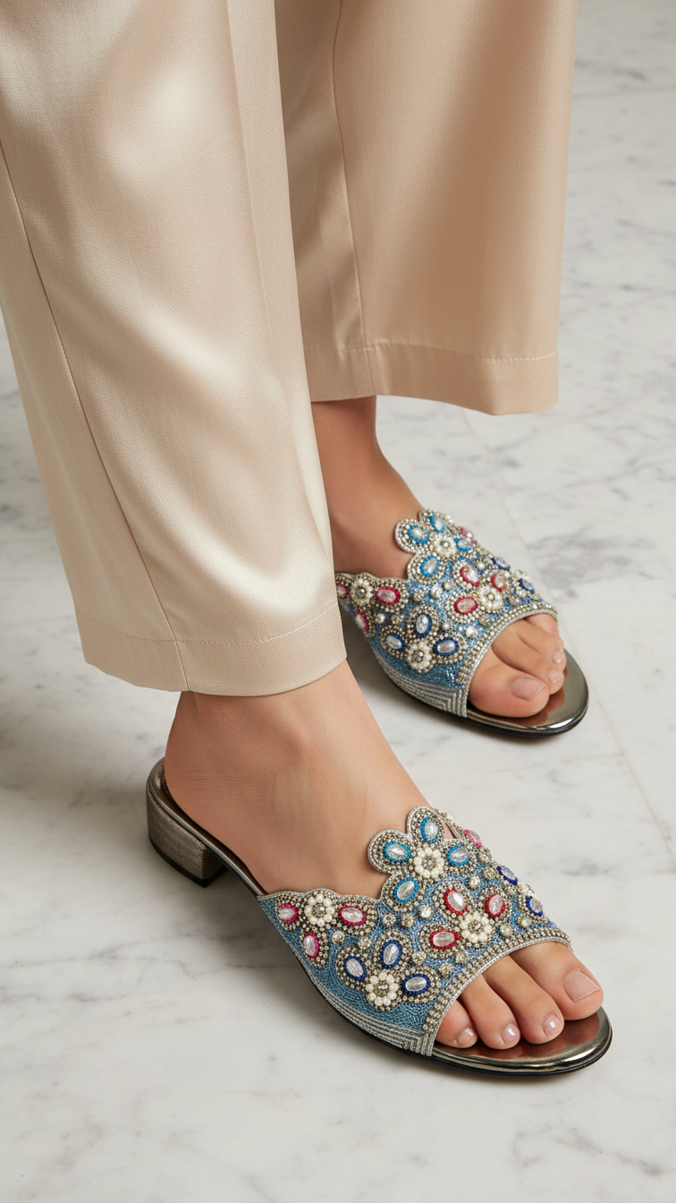 A pair of beige pants and beaded sandals with floral embellishments.