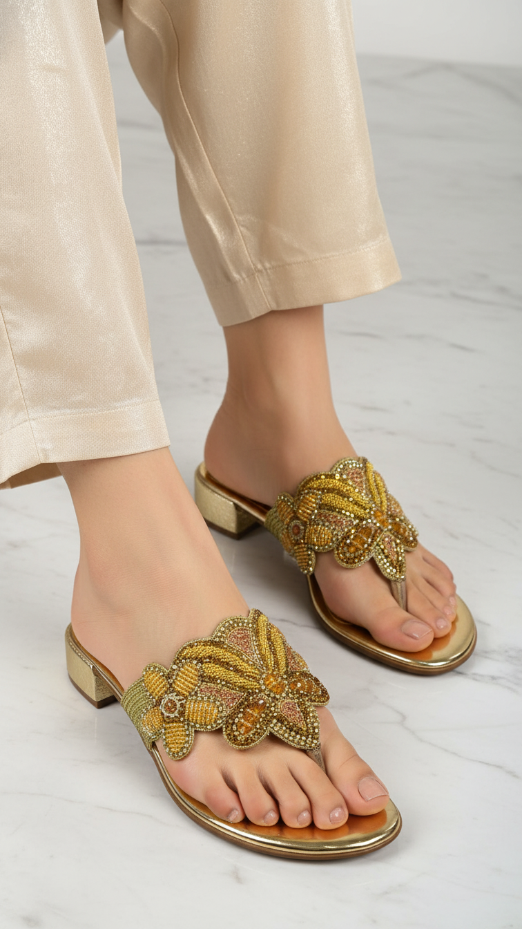 A pair of gold sandals with intricate floral embellishments on the toe area.
