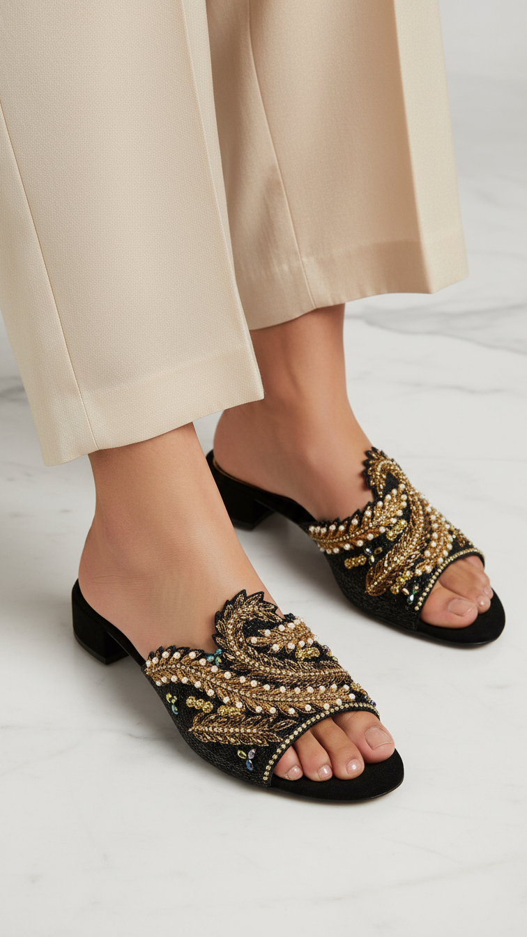 A pair of black and gold embellished sandals with intricate designs on the toe and heel.