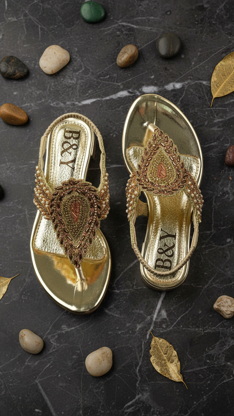A pair of gold sandals with intricate beaded designs, placed on a dark surface with scattered rocks and leaves around them.