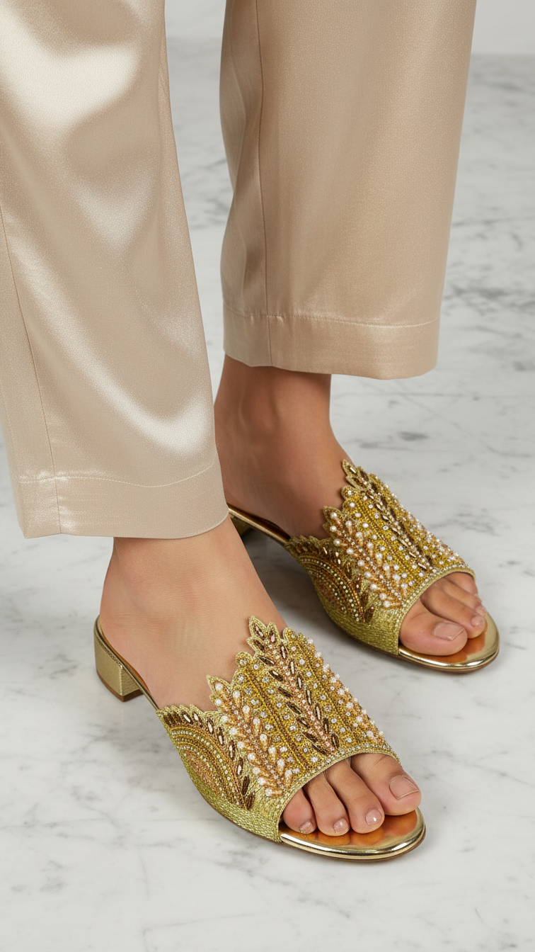 A pair of gold embellished sandals with intricate designs on the toe and heel.