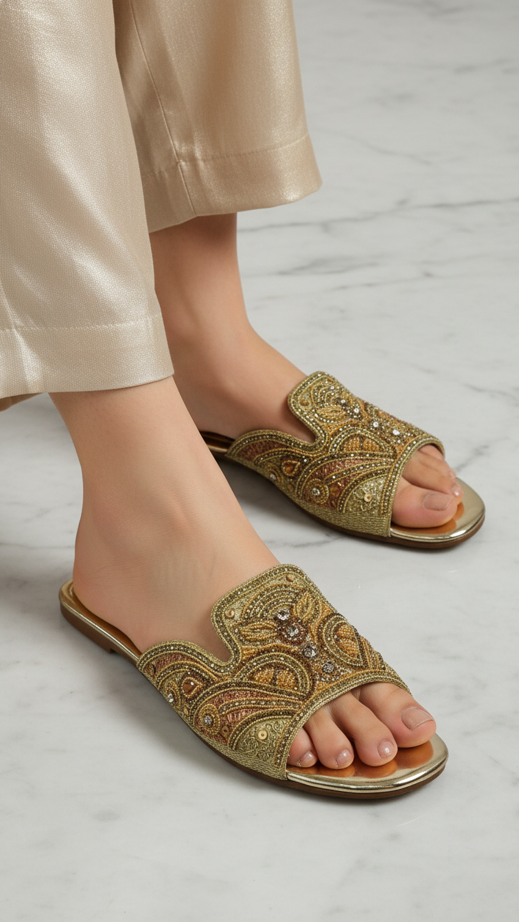 A pair of gold, embellished sandals with intricate designs on the toe and heel.