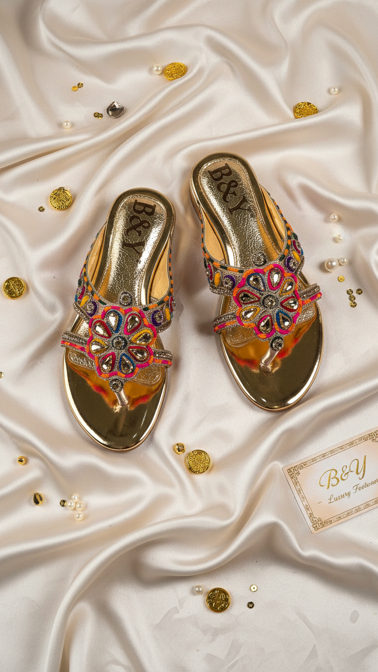 A pair of ornate, gold-colored sandals with intricate beaded and embellished designs, placed on a white satin background with scattered gold and pearl-like objects.