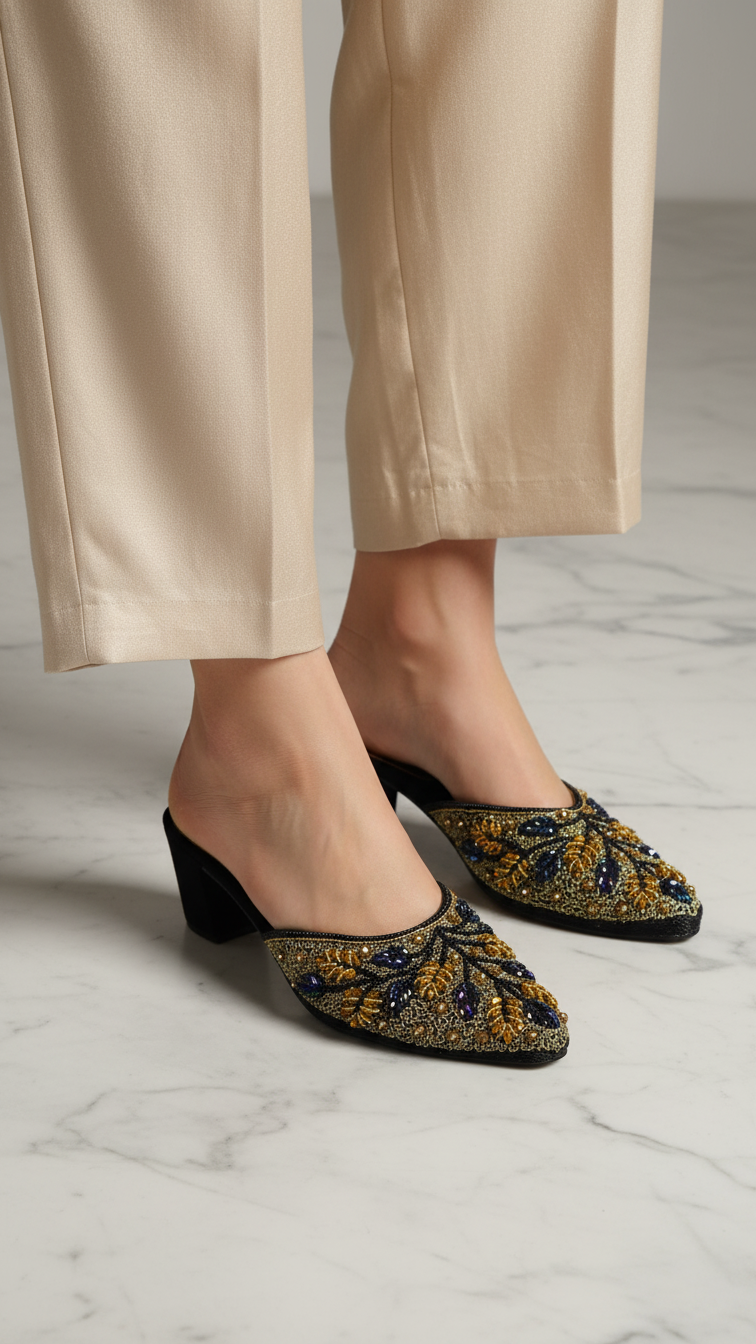 A pair of beige pants and black and gold embellished mens shoes are shown on a marble floor.