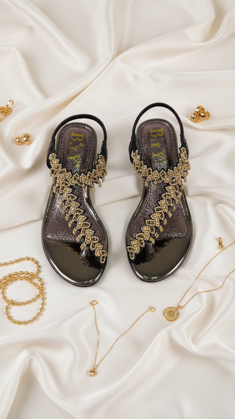 A pair of black, embellished sandals with gold floral accents, placed on a white fabric background with various gold jewelry pieces scattered around.