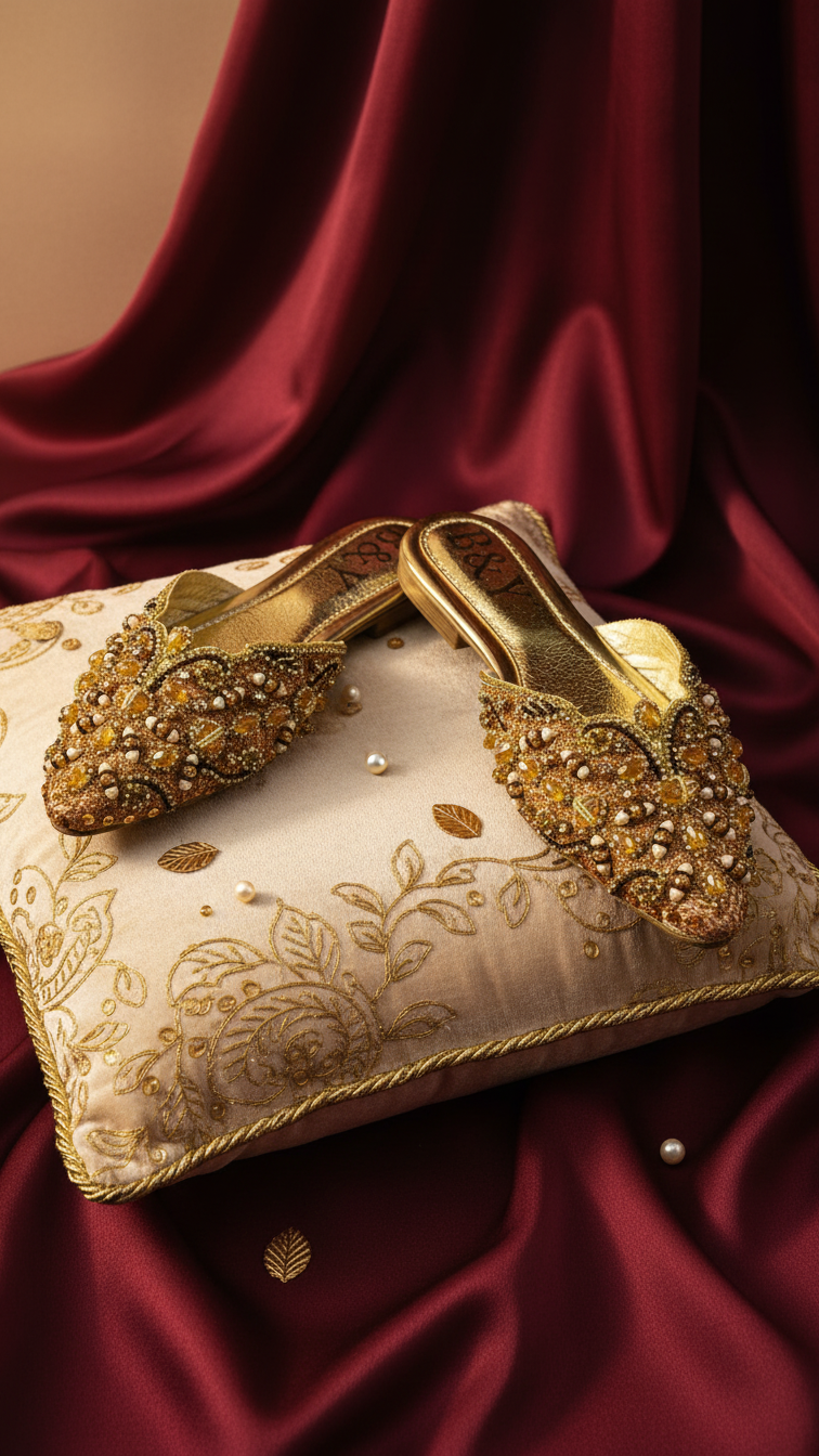 a pair of ornate gold shoes placed on a decorative pillow with a red background.
