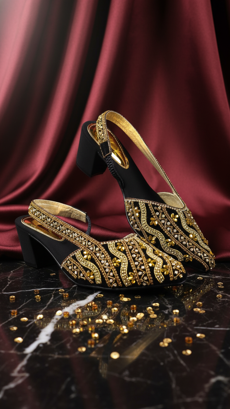 A pair of ornate, gold-embellished black high-heeled shoes with a pointed toe and a low heel, placed on a marble surface with scattered gold beads around them.