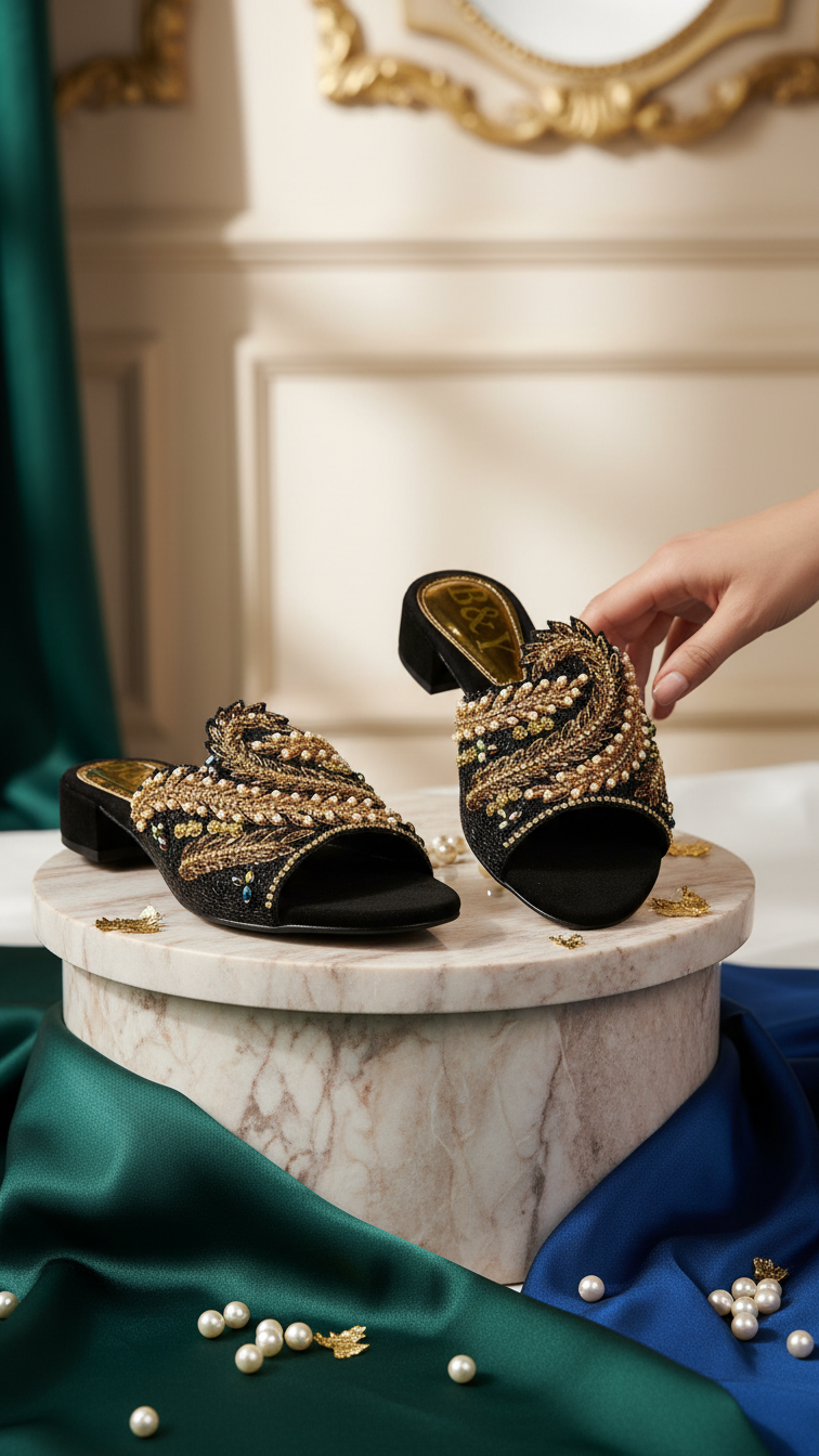 A hand is holding a pair of black, embellished sandals on a white pedestal, with a background of green and blue fabric and scattered pearls.