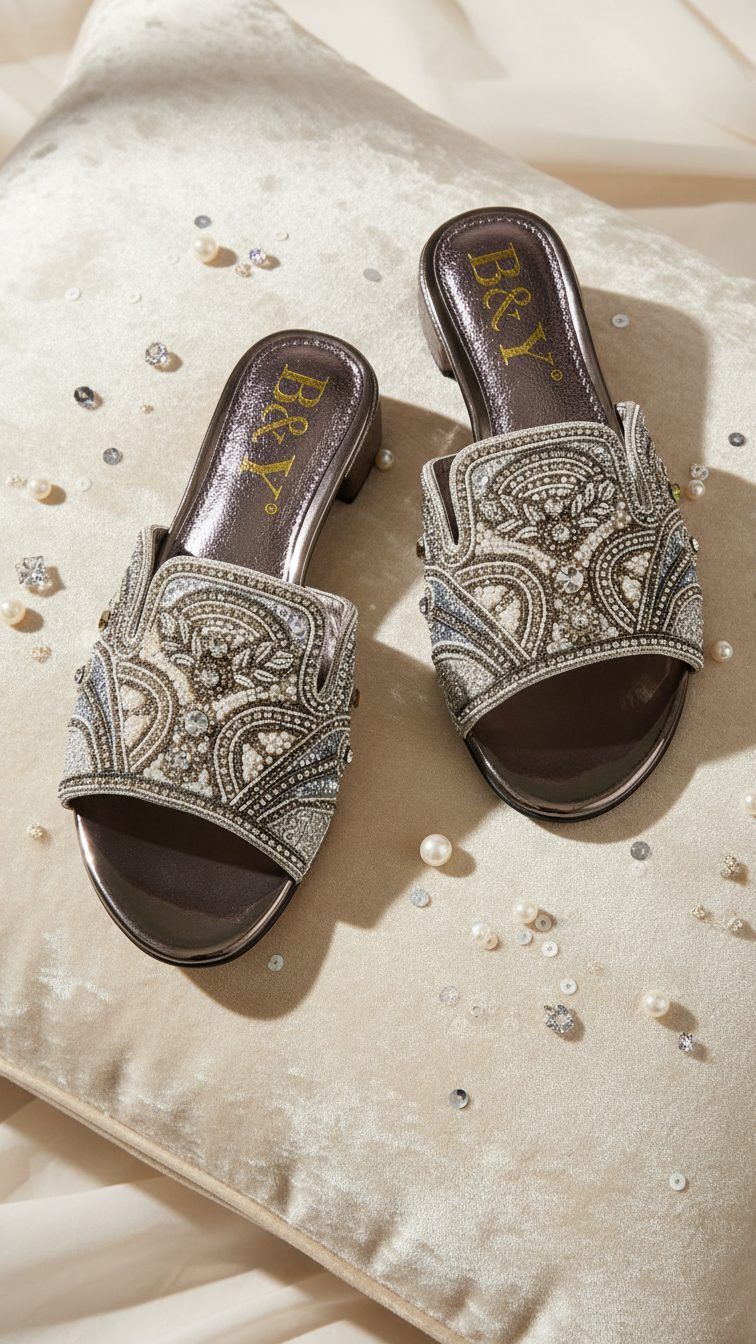 A pair of ornate, bejeweled sandals with intricate designs and patterns, placed on a beige cushion with scattered pearls and small stones around them.