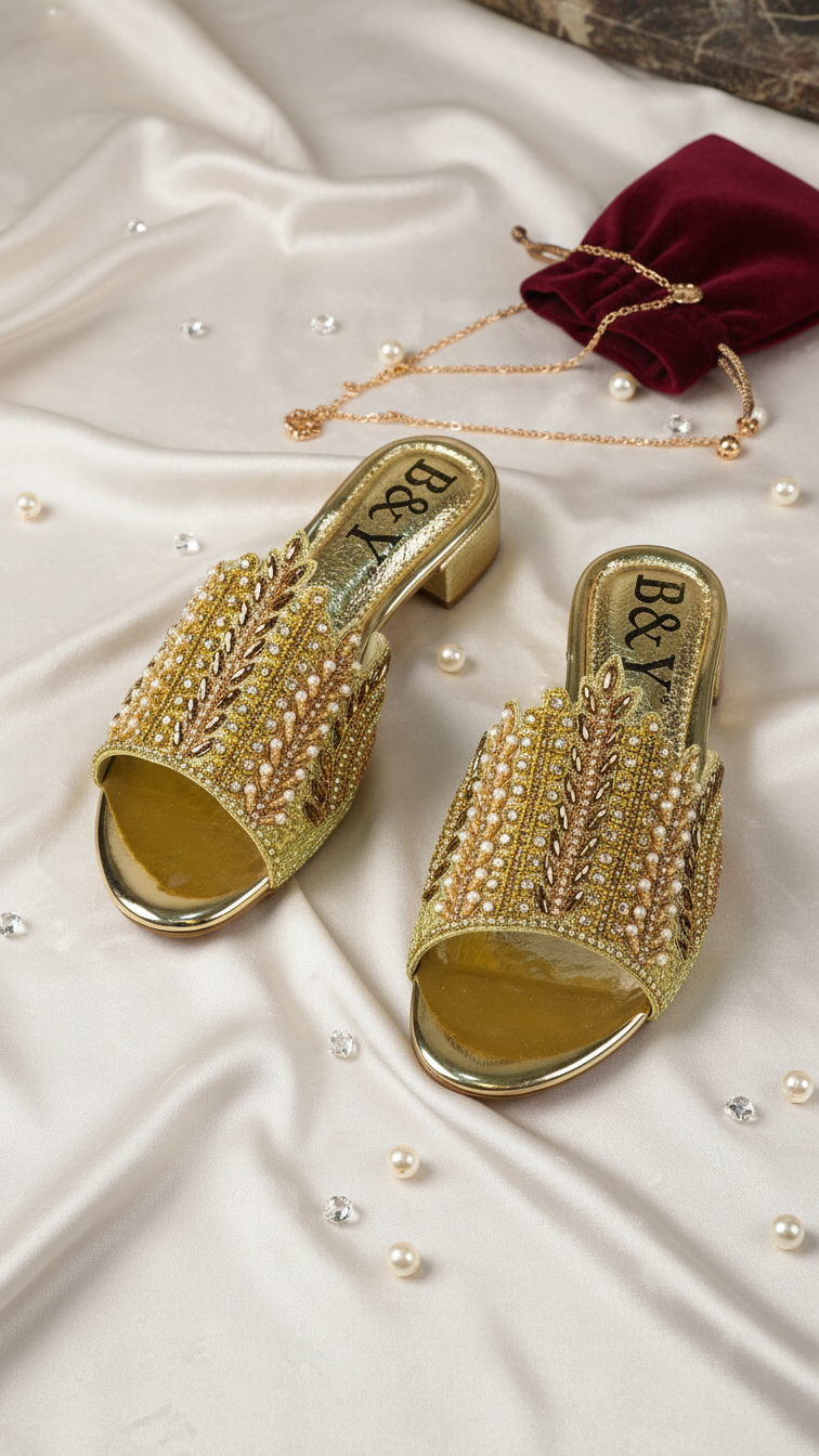 A pair of gold, embellished sandals with intricate beading and pearls are displayed on a white fabric surface, accompanied by a red velvet bag and scattered pearls.