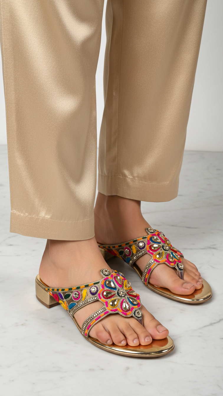 A pair of gold-colored, embellished sandals with a floral design on the toe area.