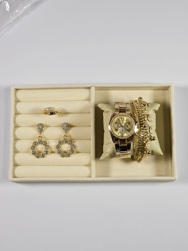 Kit Relógio Cristal com Pulseira, Brinco e Anel ajustavel com Zirconias 005