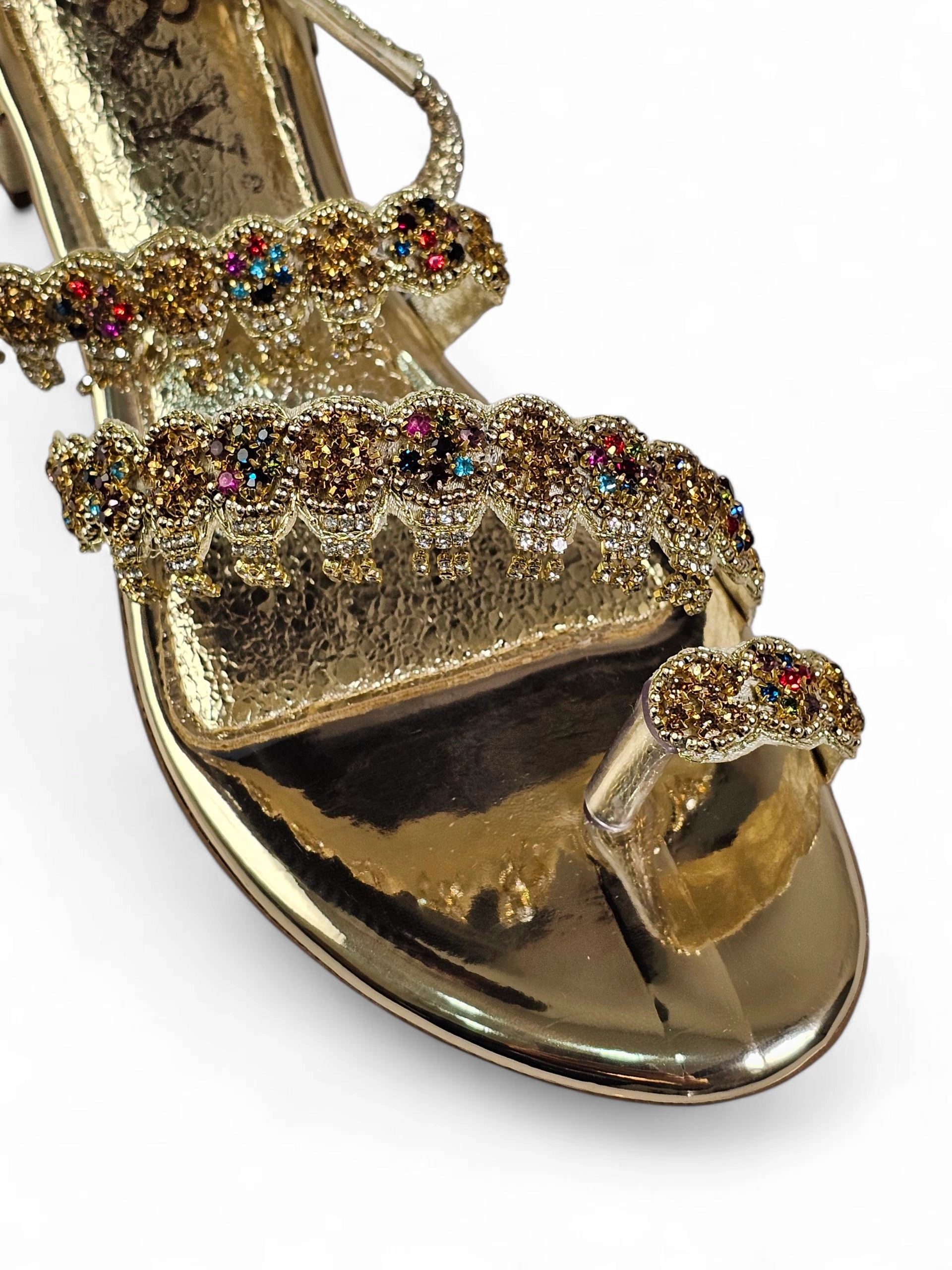 Sandália 9159 Dourada Colorida Com Salto Bloco 3cm