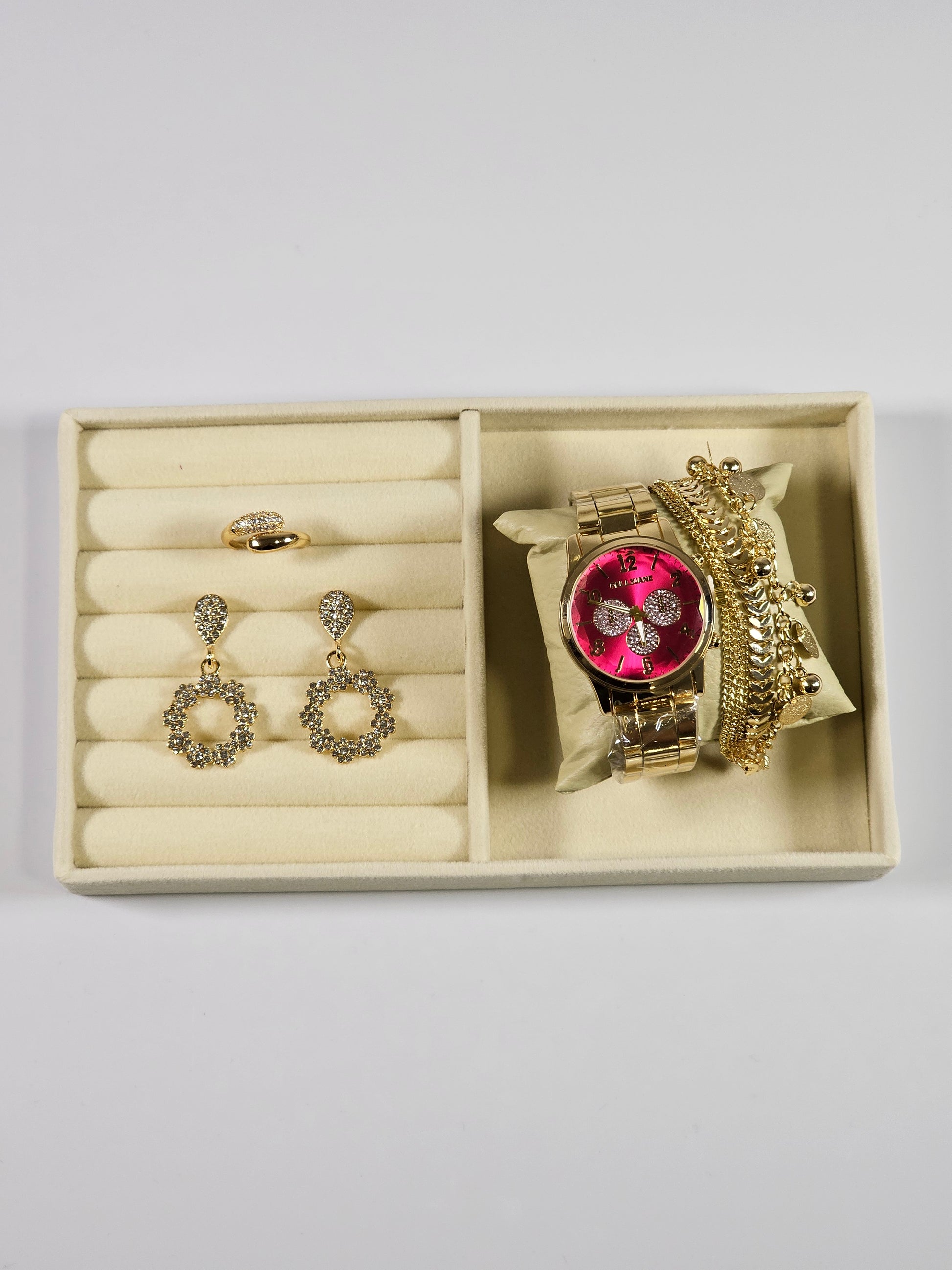 Kit Relógio Cristal com Pulseira, Brinco e Anel ajustavel com Zirconias 006